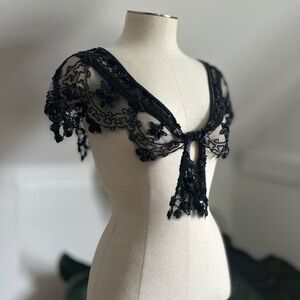 Vintage Beaded Black Lace Bolero Shawl Glam